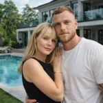 Sanna och John Guidetti vid villa i Nacka