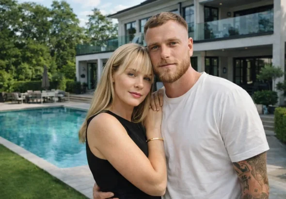 Sanna och John Guidetti vid villa i Nacka