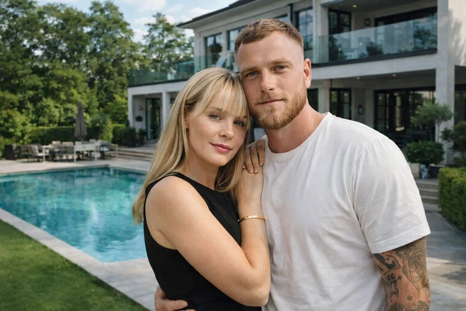 Sanna och John Guidetti vid villa i Nacka