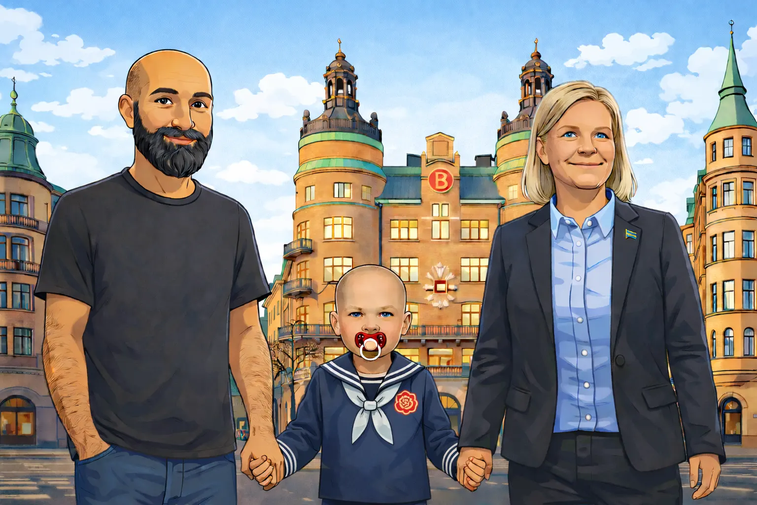 Hanif Bali och Magdalena Andersson med sonen Morgan