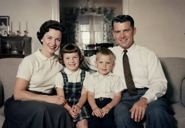 Familj i vardagsrum 1950